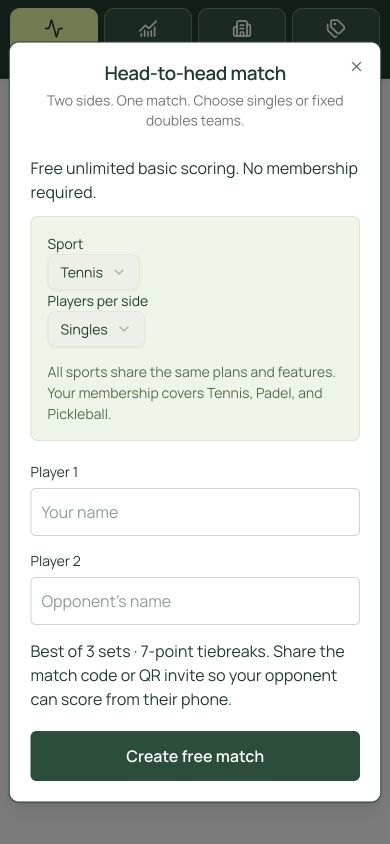 Courtline head-to-head match setup with sport, singles or doubles, and player fields