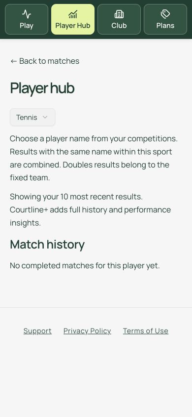 Courtline Player Hub showing sport selection and the match history starting state